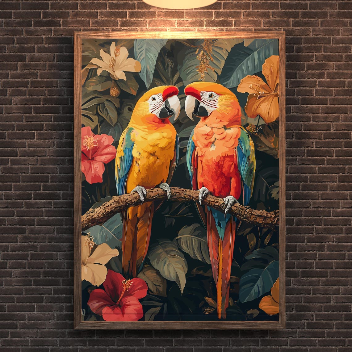 Two Colorful Macaw Parrots on Branch Tropical Jungle Art Poster