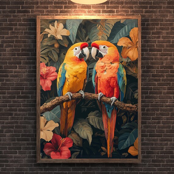 Two Parrots Wall Art In The Jungle Print Parrot Artwork Couple Cute Bold And Quirky
