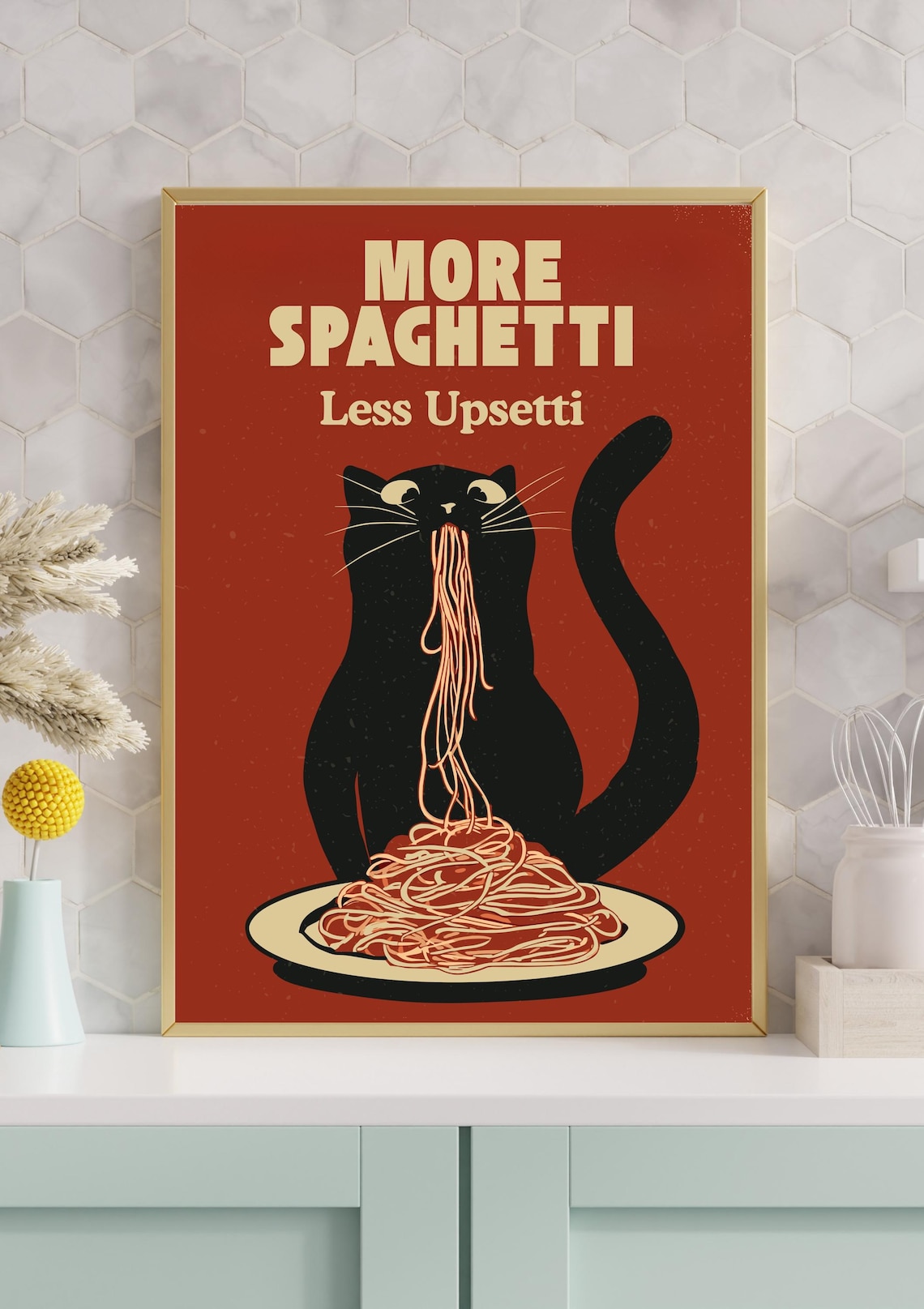 Hungry Cat Spaghetti Art Print, Funny Kitchen Poster