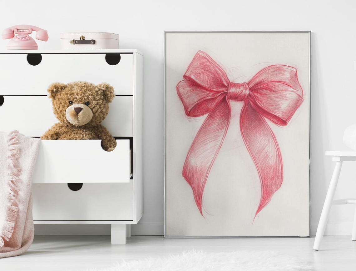 Red Pencil Sketched Ribbon Bow Minimal Preppy Girls Decor Poster - Image 2