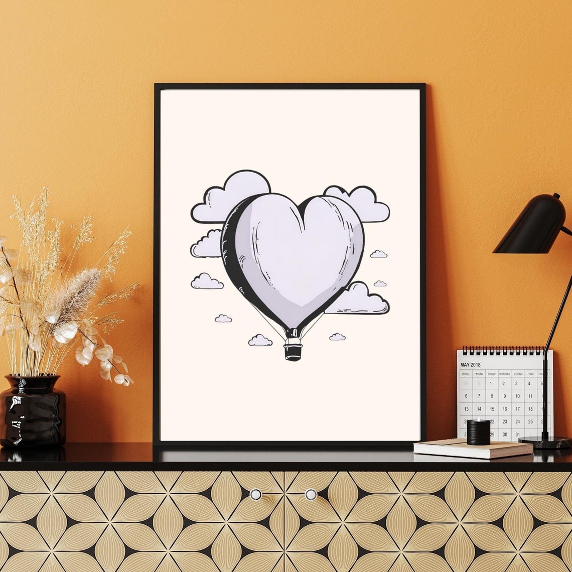 Heart Shaped Hot Air Balloon Floating Through Clouds Line Art Poster