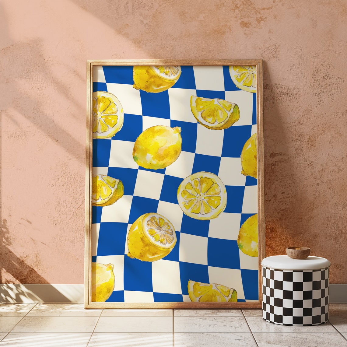 Sunny Lemon Checkerboard Blue And White Citrus Pattern Art Poster - Image 4
