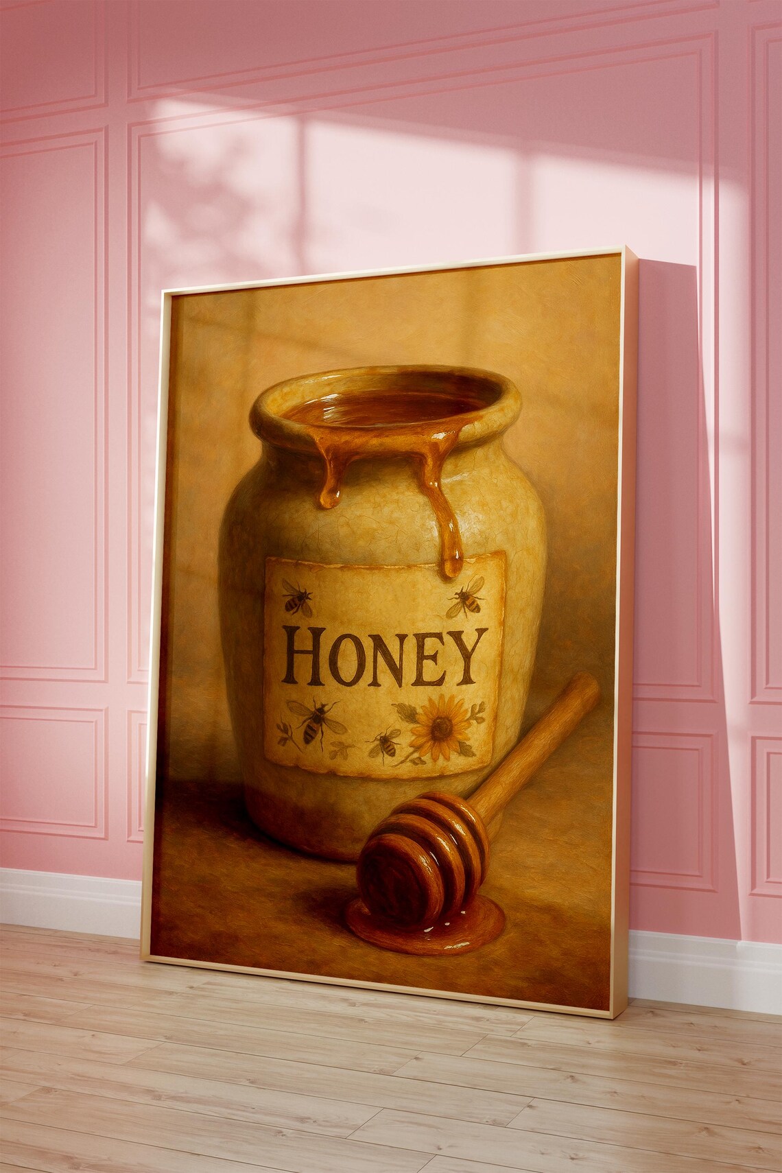 Vintage Honey Jar Oil Painting Rustic Kitchen Bee Decor Wall Art - Image 2
