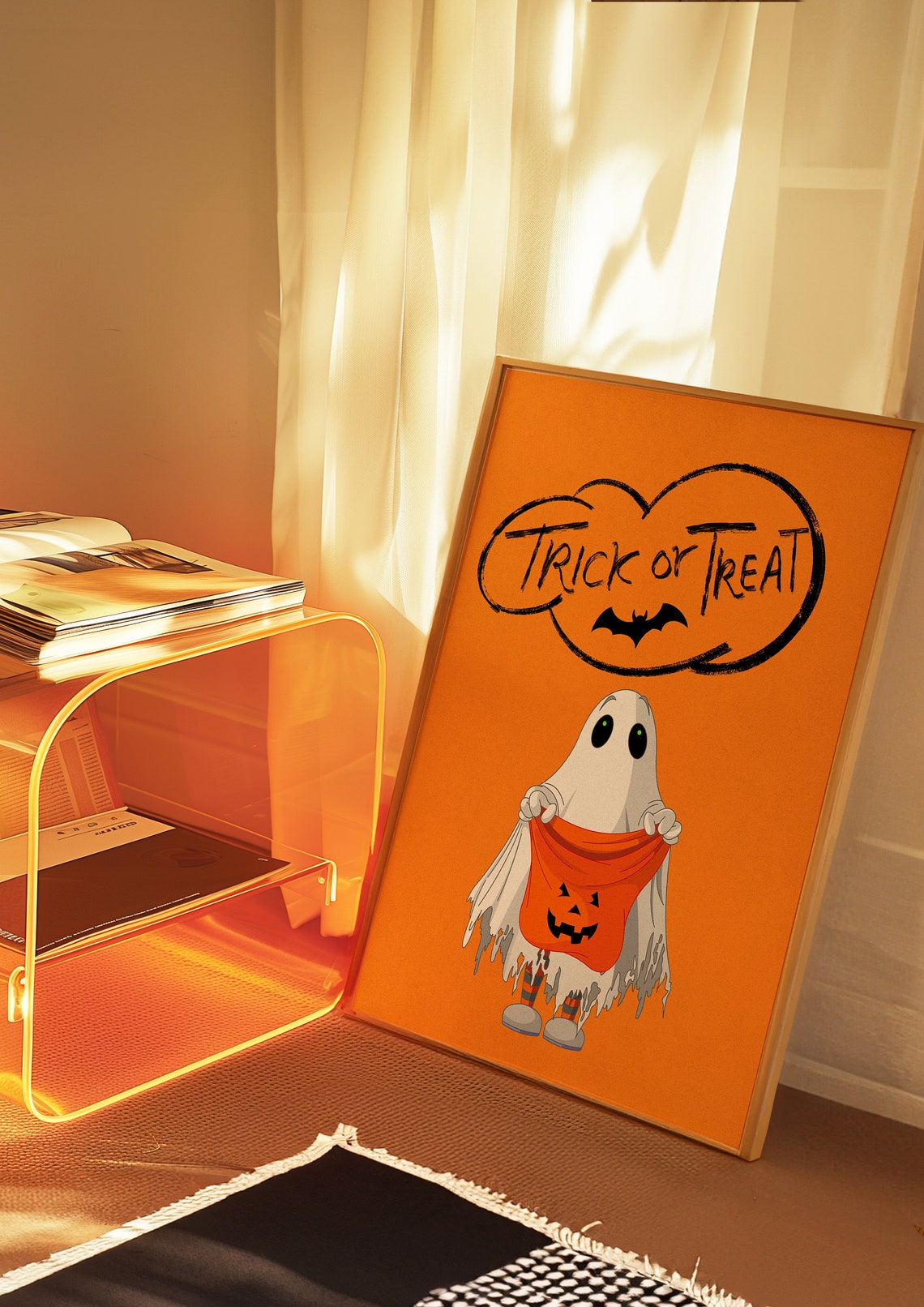 Cute Ghost Trick or Treat Pumpkin Candy Bag Orange Halloween Poster - Image 3