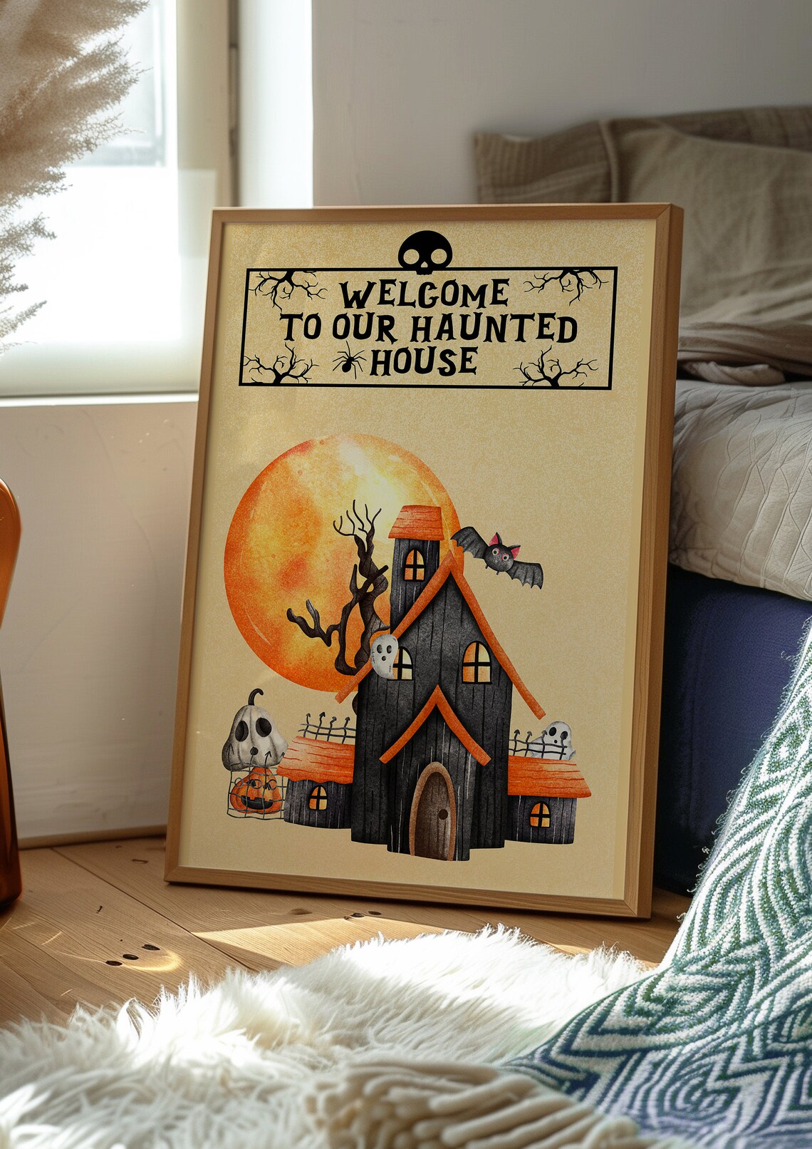 Welcome To Our Haunted House Moon Bat Cartoon Cute Halloween Poster - Image 2