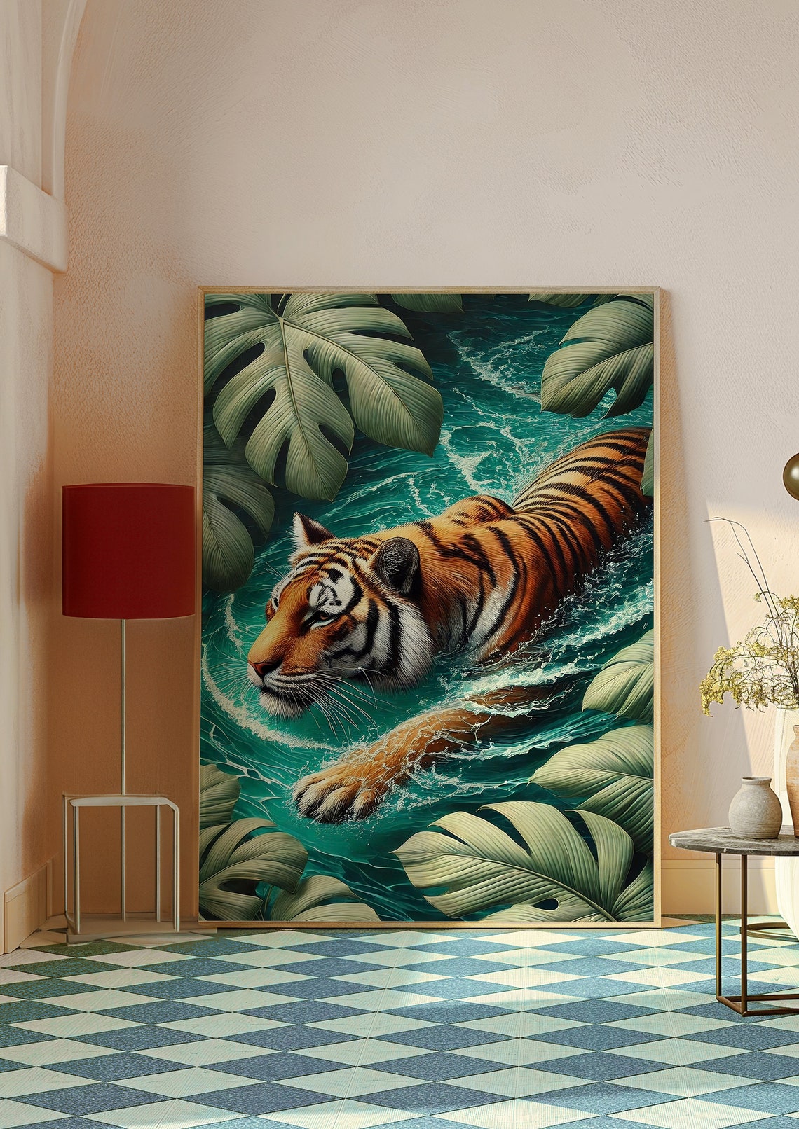 Tiger Swimming Through Turquoise Jungle Water Wildlife Art Poster - Image 4