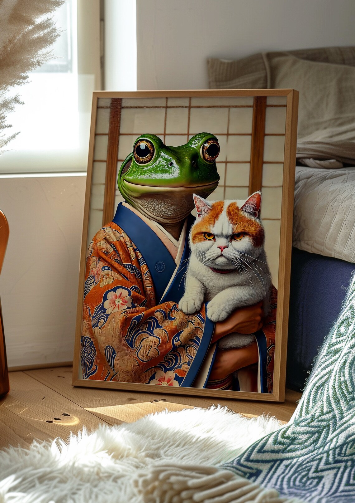 Smiling Frog in Japanese Kimono Holding Grumpy Orange Cat Funny Animal Poster - Image 2