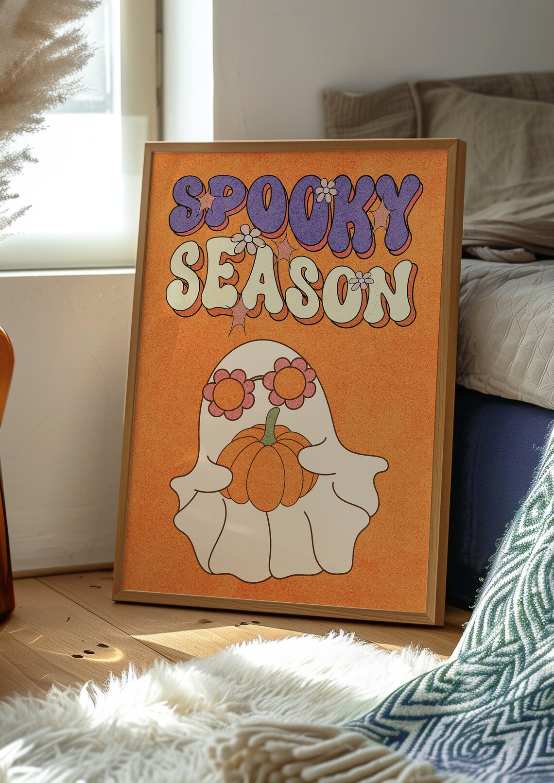 Retro Spooky Season Ghost Pumpkin Groovy Flower Orange Halloween Poster - Image 2