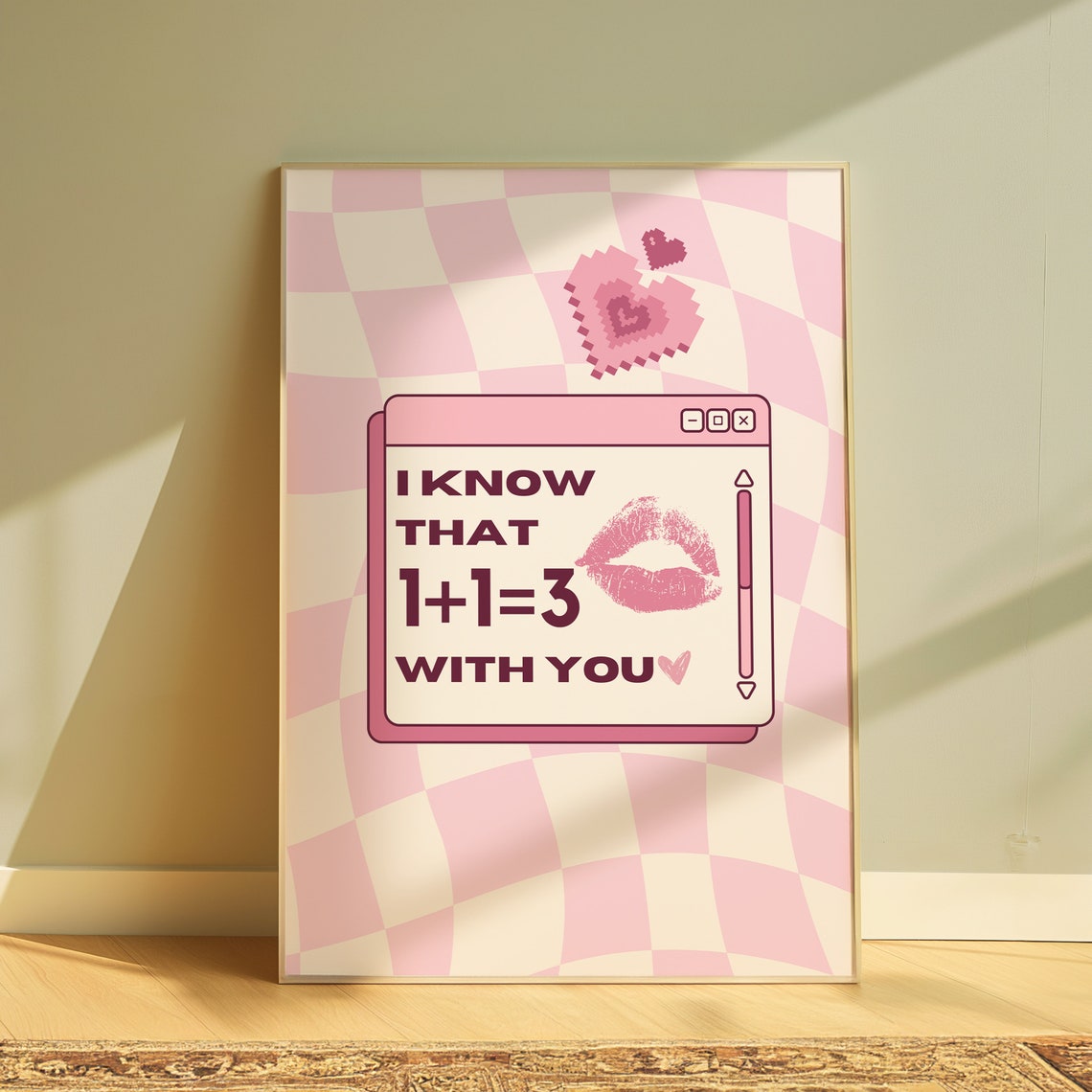 I Know That One Plus One Equals Three Pink Retro Love Art Poster - Image 3