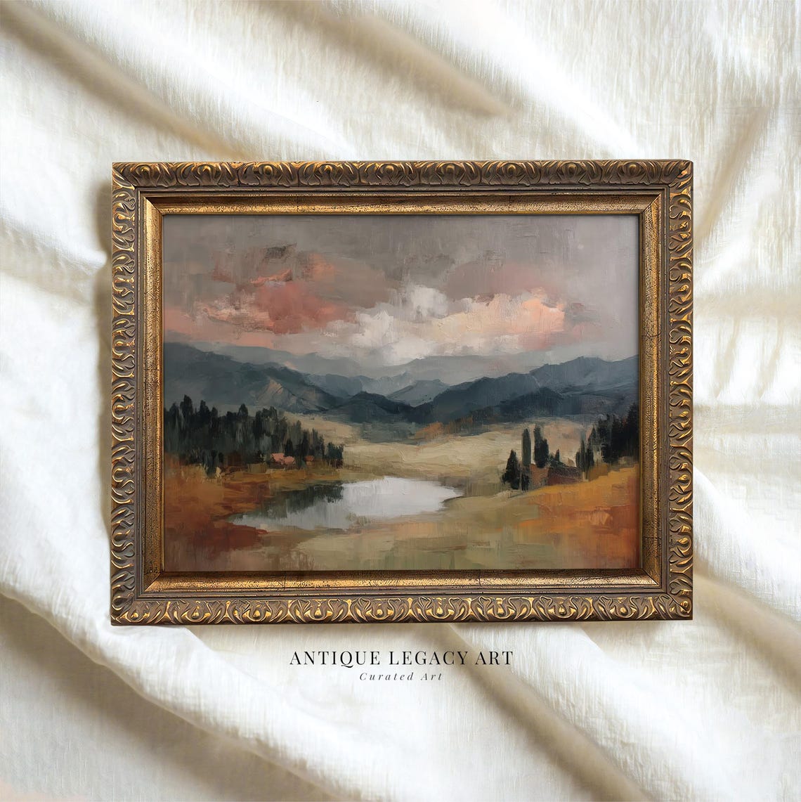 Autumn Sunset Landscape Painting Print Rustic Fall Mountain Lake