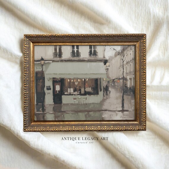 Vintage Parisian Cafe Print Rainy Street Painting Wall Art French Bistro Cozy Paris Cityscape Sage Green Decor