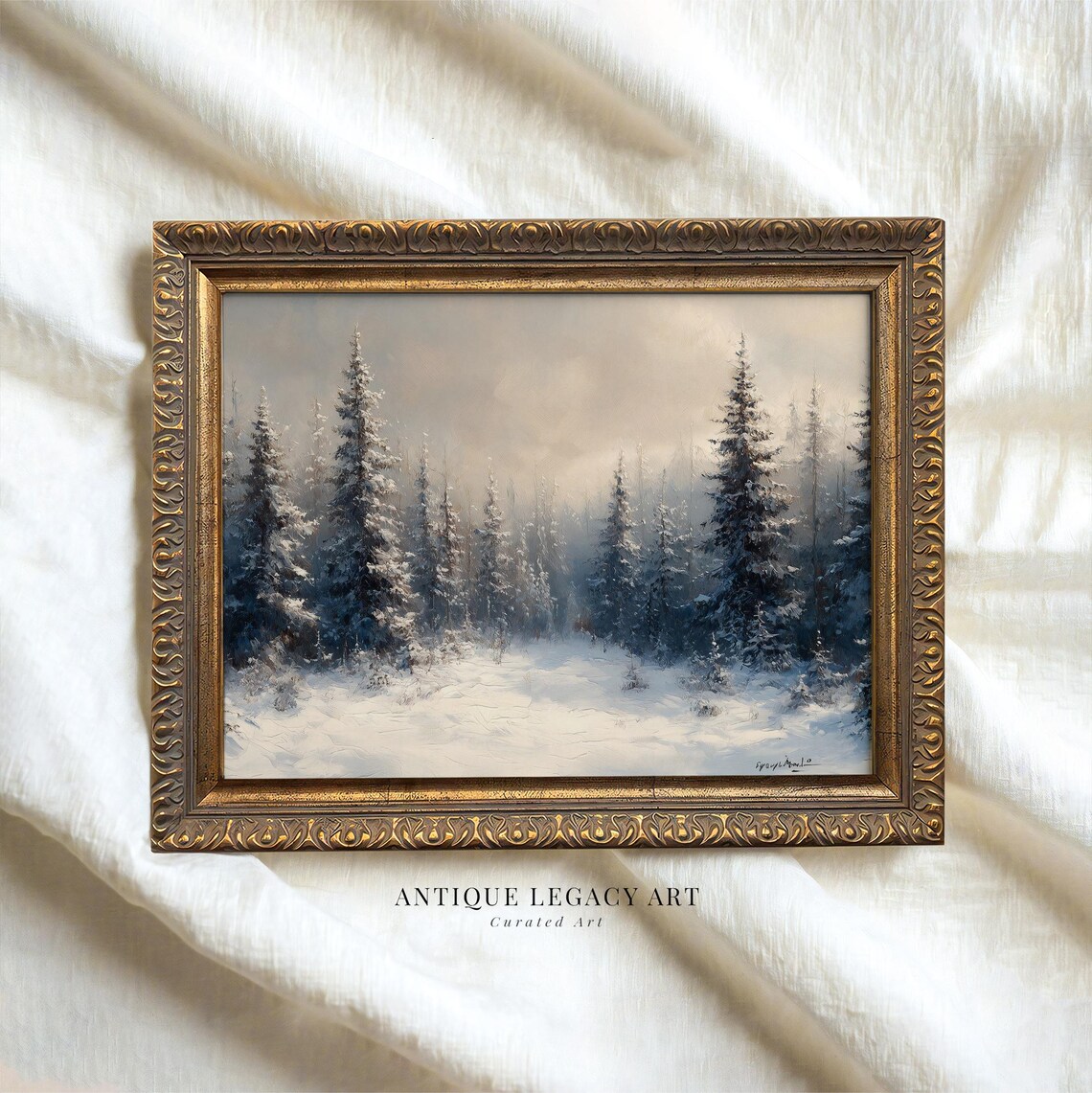 Snowy Pine Forest Winter Landscape Vintage Christmas Painting Print