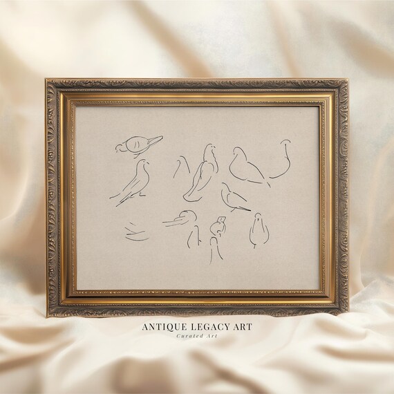 Vintage Minimalist Bird Line Drawing Modern Ink Sketch Neutral Poster