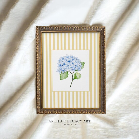 Blue Hydrangea Watercolor Botanical Yellow Striped Decor Poster