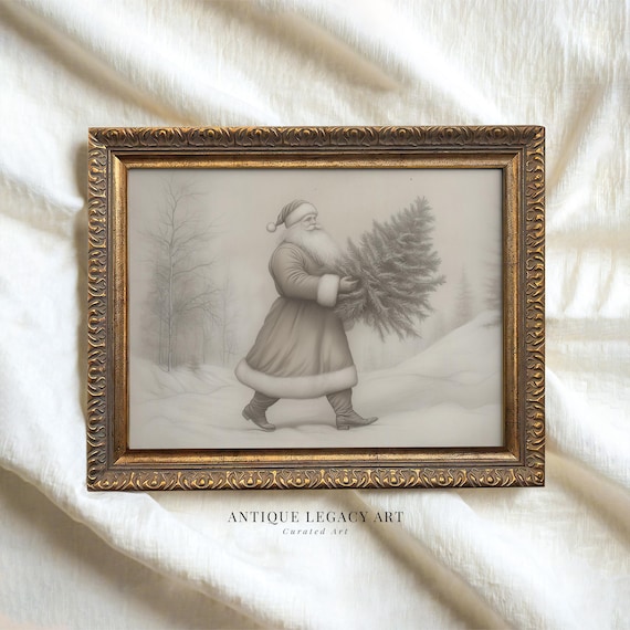 Santa Claus Carrying Christmas Tree Vintage Sketch Winter Scene Art Poster