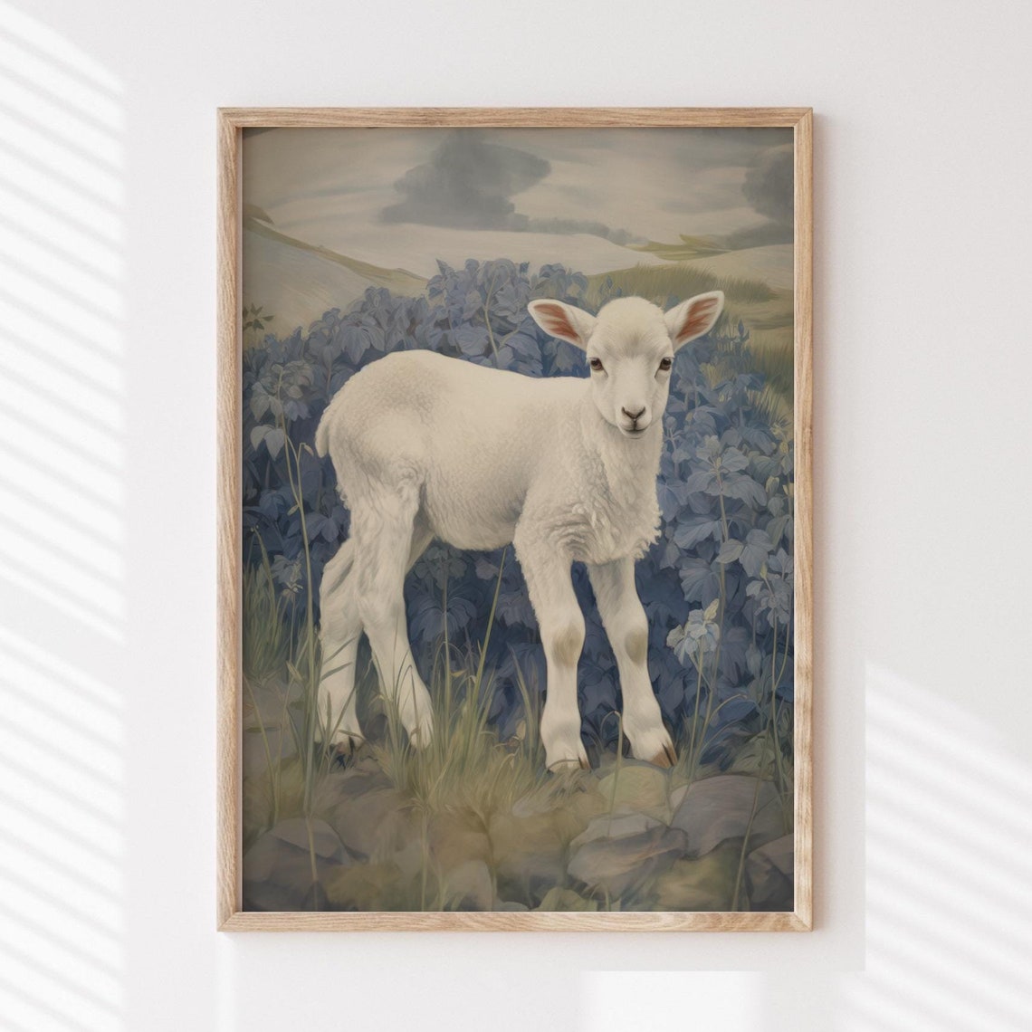 Vintage Baby Lamb Standing in Blooming Meadow Nursery Poster