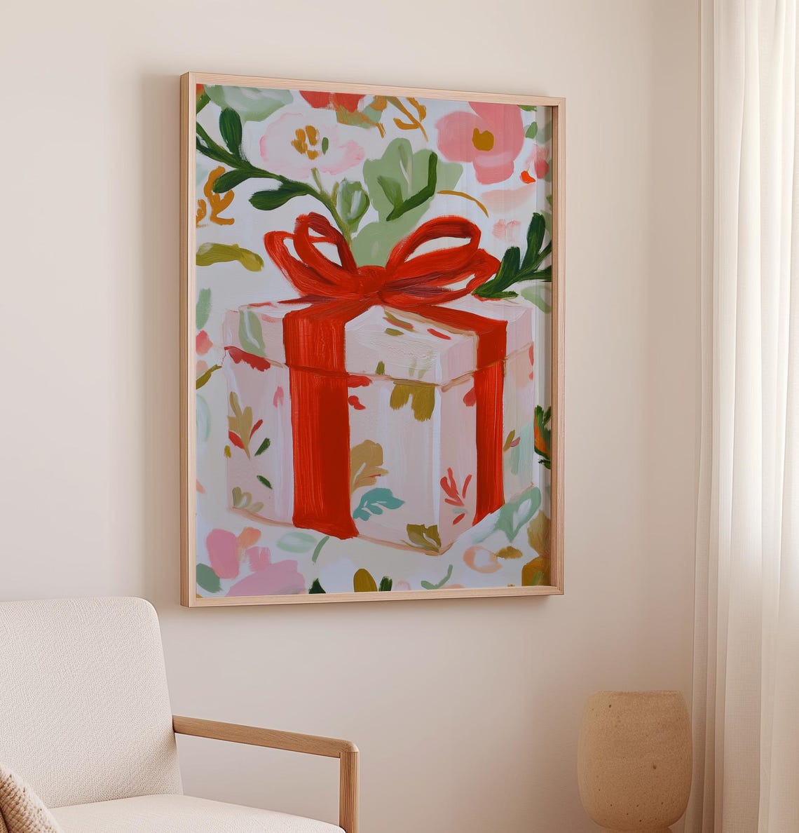 Wrapped Floral Gift Box Red Satin Ribbon Bow Botanical Art Poster - Image 2