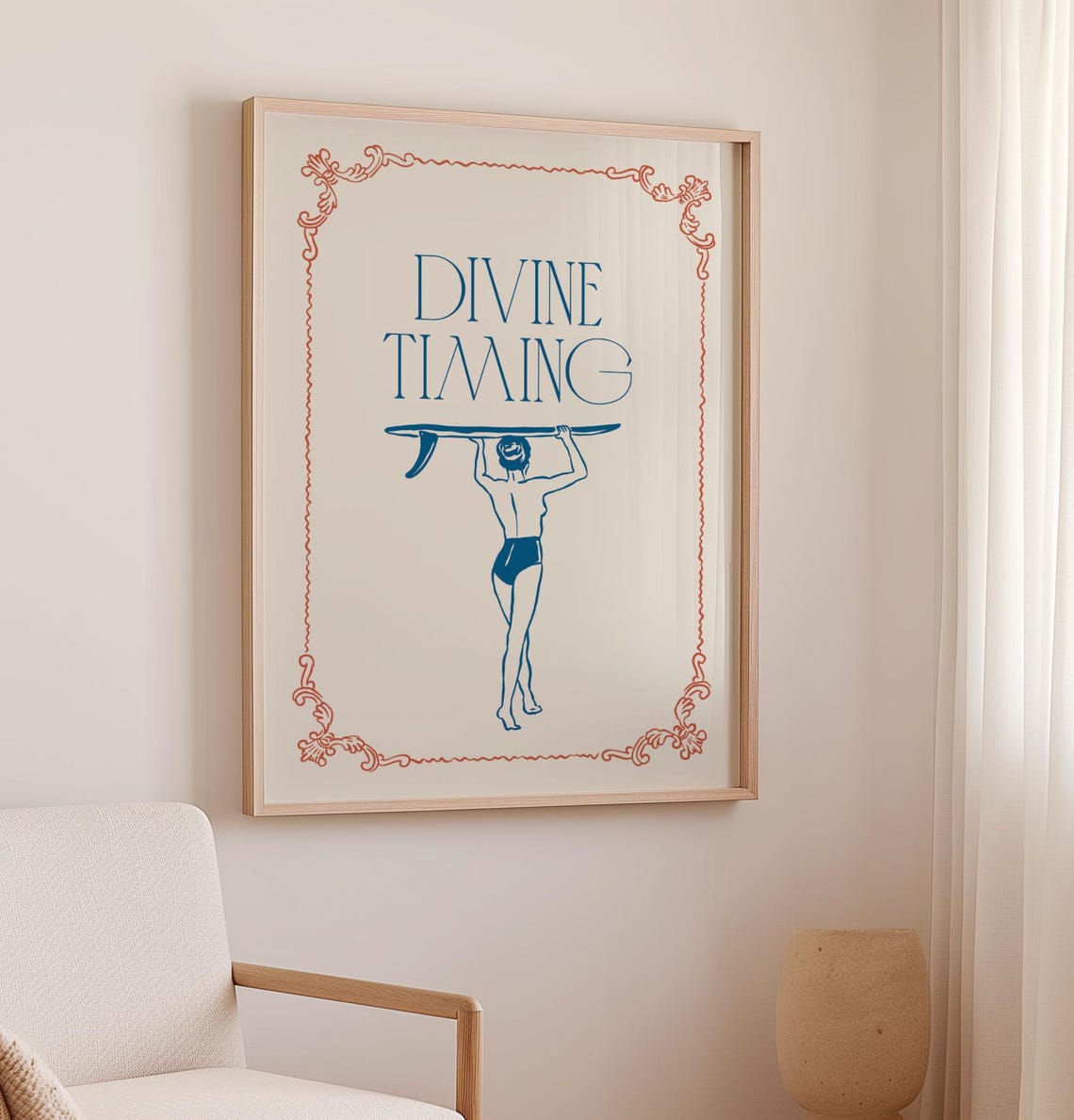 Divine Timing Surfer Girl Print Retro Beach Surf Quote Art Poster - Image 3