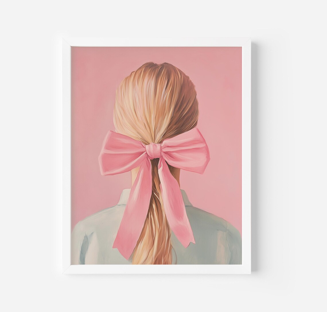 Blonde Girl Painting Pastel Wall Art Print Pink Girls Room Decor Preppy Bow Coquette Art Print Pink Bow Art - Image 4