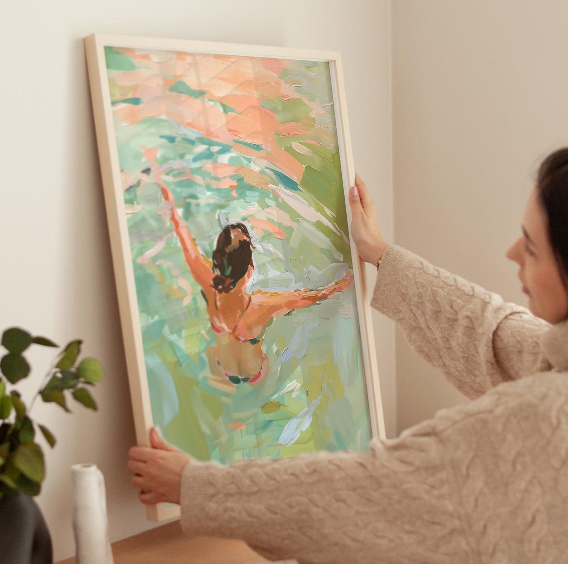 Woman In The Ocean Painting Pool Print Beach House Decor Acrylic Painting Coastal Summer Dip Girl Swimming Lake Swimming Print - Image 3