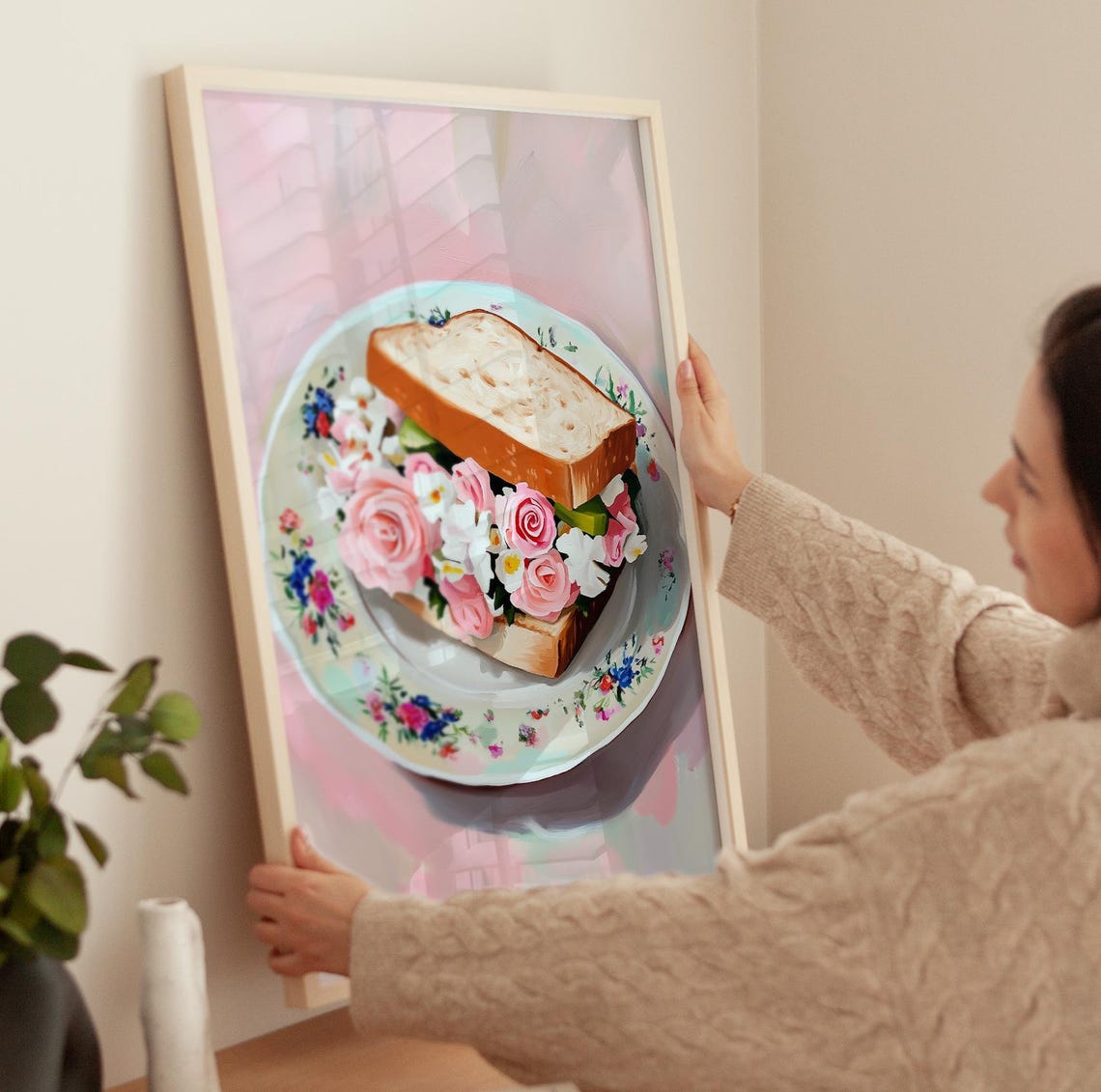 Flower Sandwich With Pink Roses on Floral Plate Kitchen Art Poster - Image 3