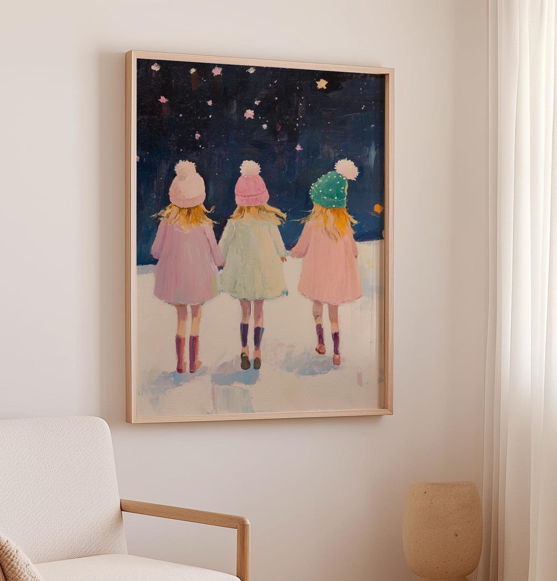 Winter Three Sisters Walking In Snow Under Starry Night Art Poster - Image 2