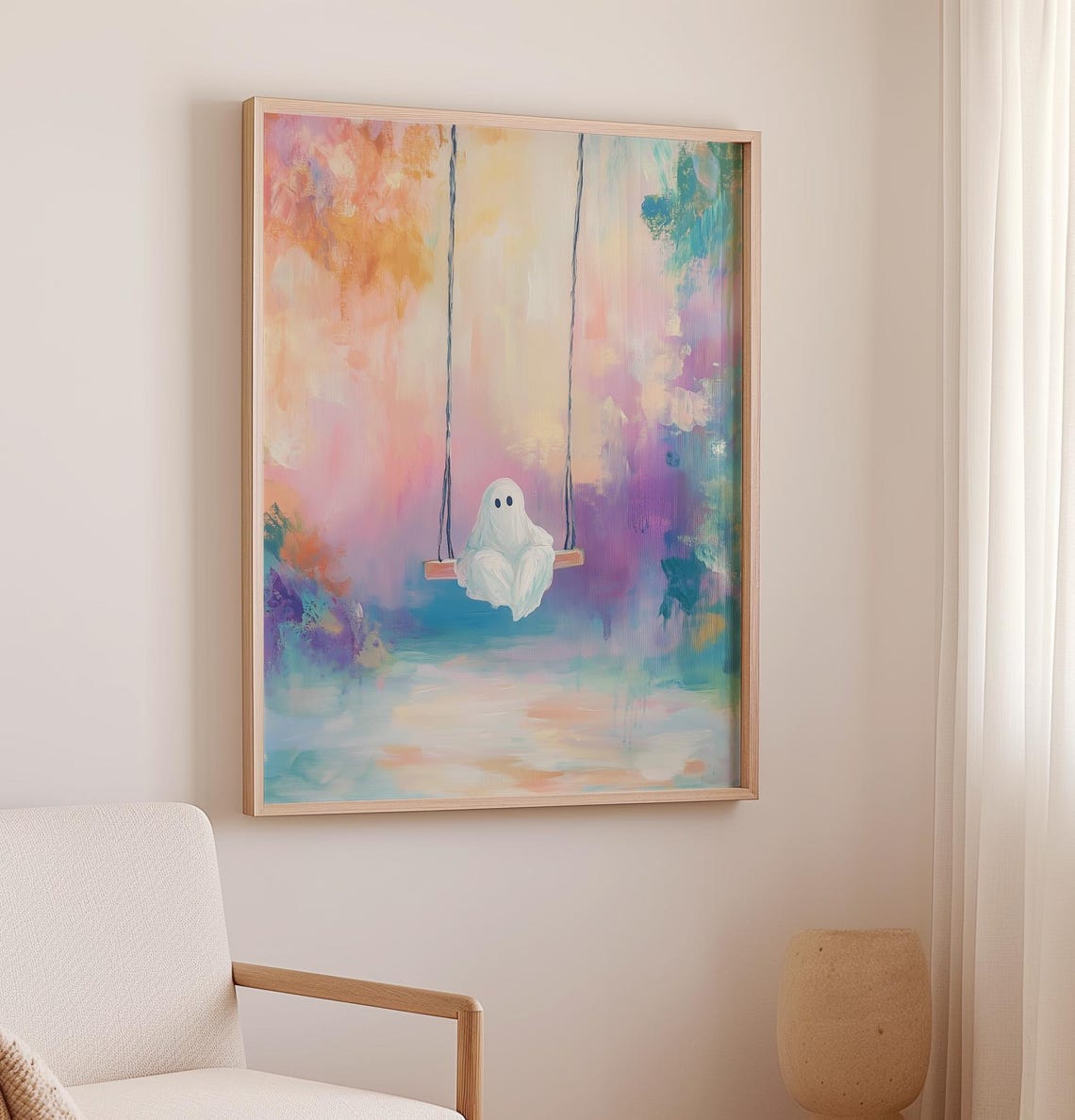Cute Ghost On A Swing Pastel Halloween Watercolor Painting Poster - Image 2