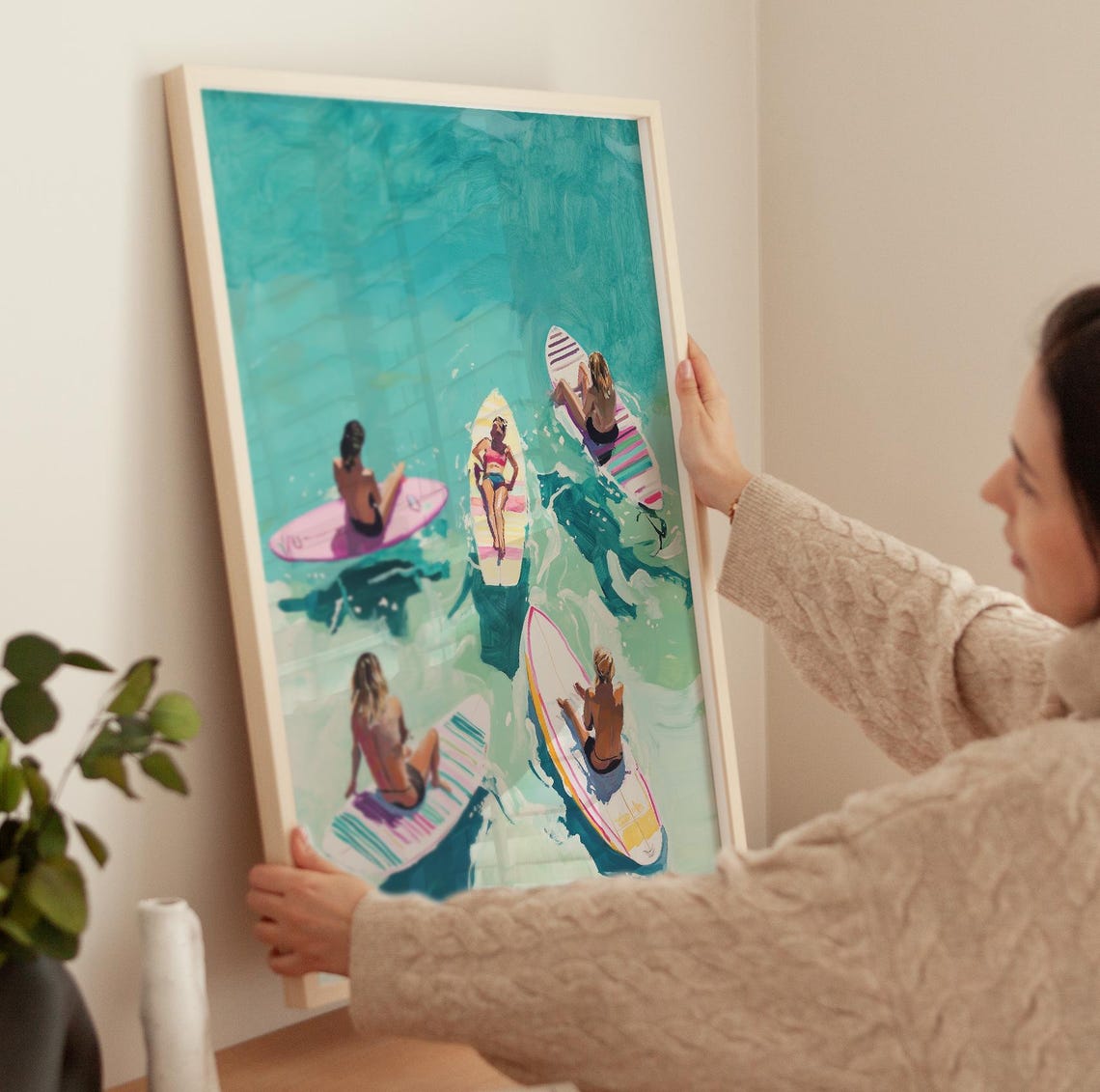 Girls Paddleboarding From Above Turquoise Ocean Summer Poster - Image 3
