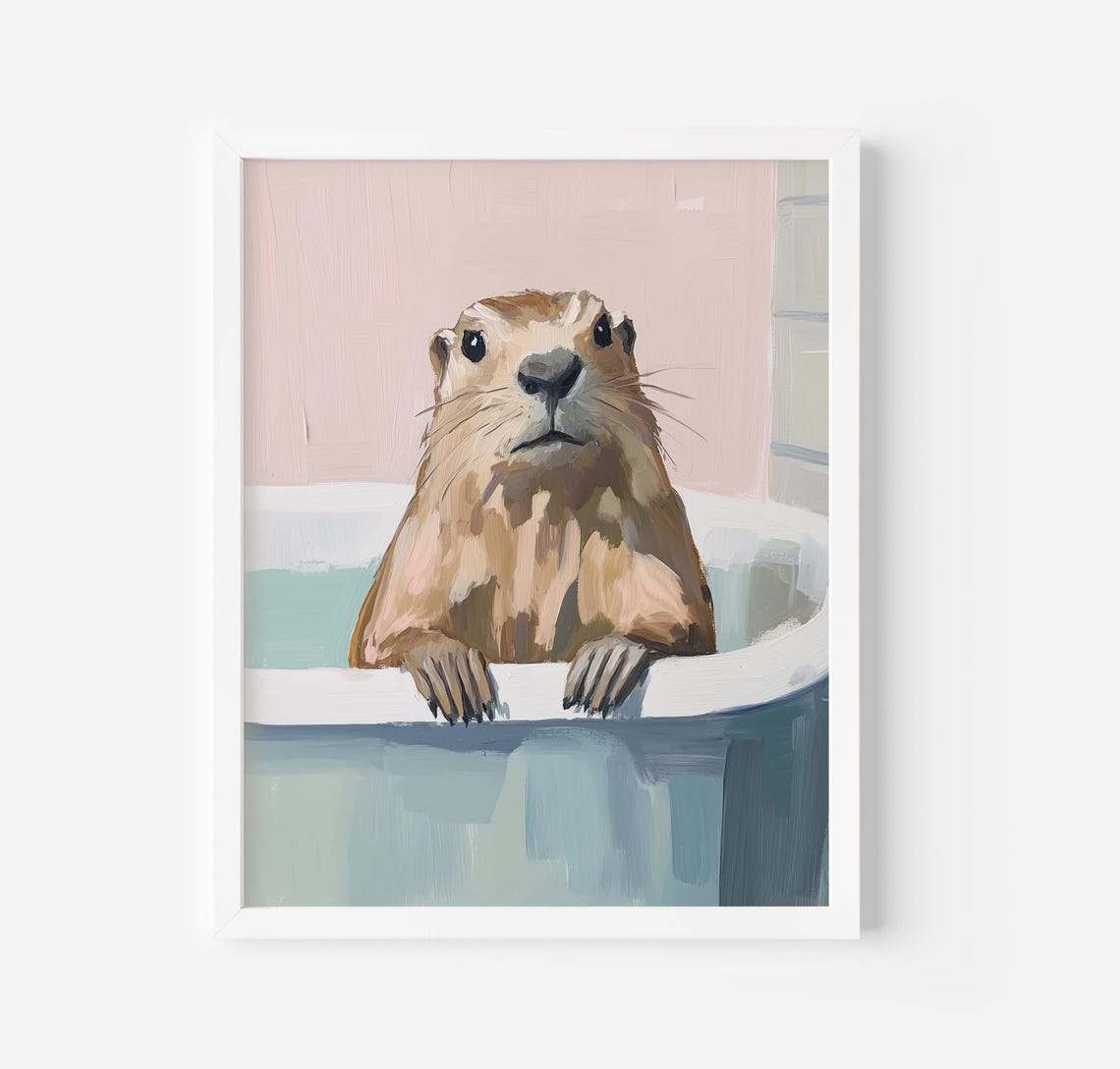 Funny Capybara Relaxing In Bathtub Tropical Bathroom Art Poster