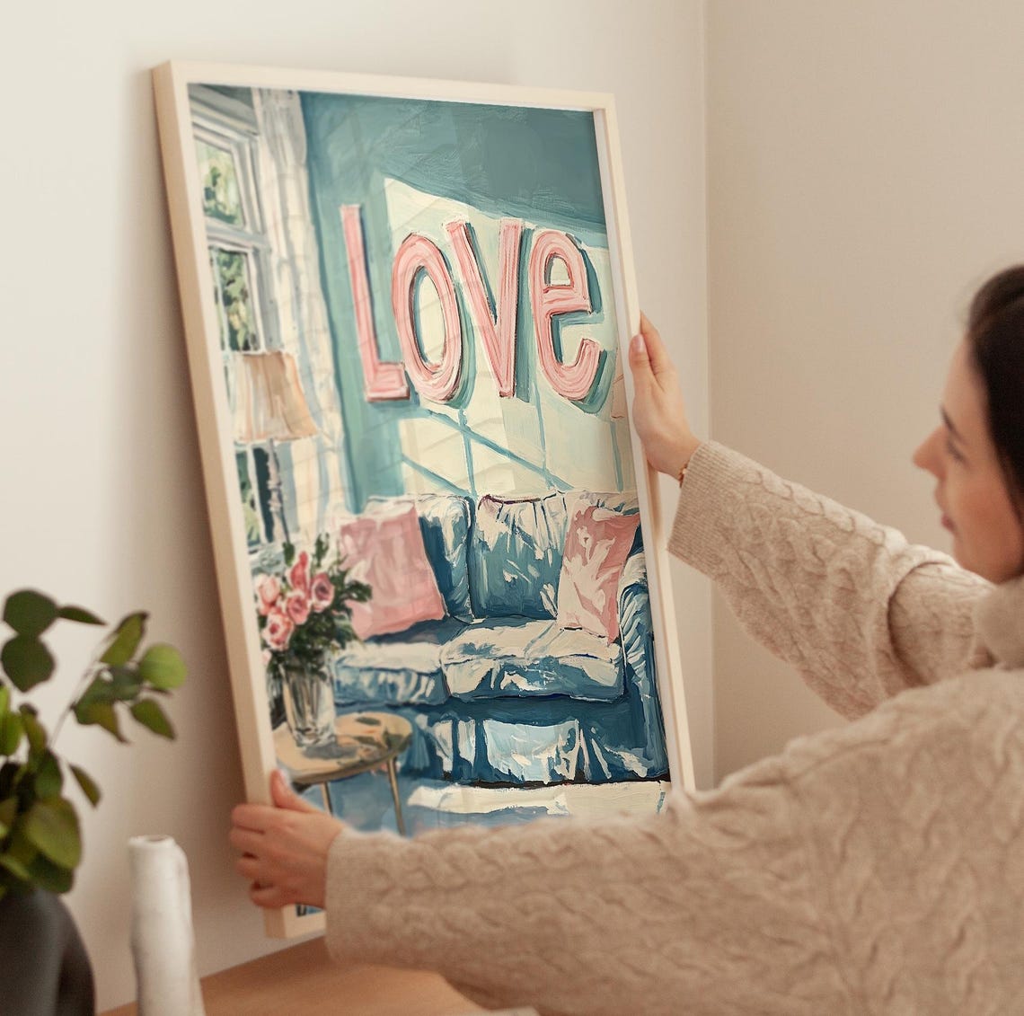 Cozy Living Room With Love Letter Sign Pastel Interior Art Poster - Image 4