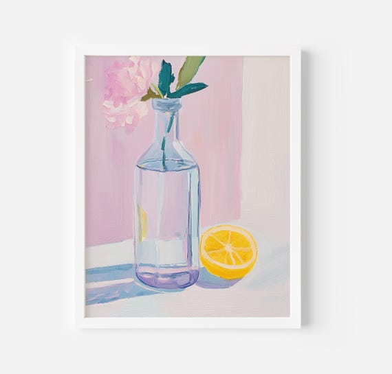 Plant Wall Print Modern Still Life Painting Lemon Painting Kitchen Wall Decor Soft Colours Acrylic Painting Trendy Pastel Art