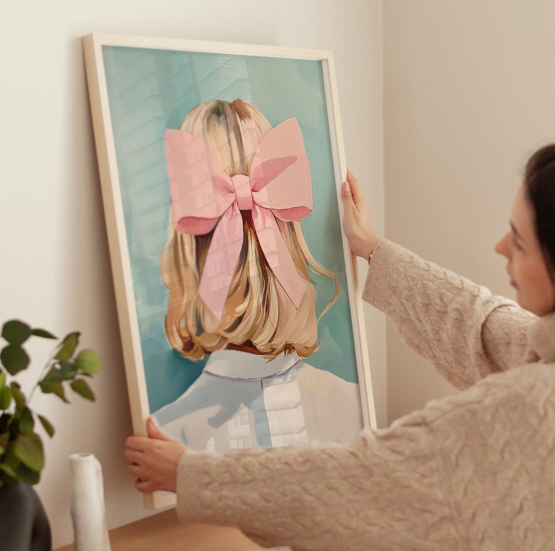 Blonde Girl With Big Pink Bow Back View Coquette Wall Art Poster