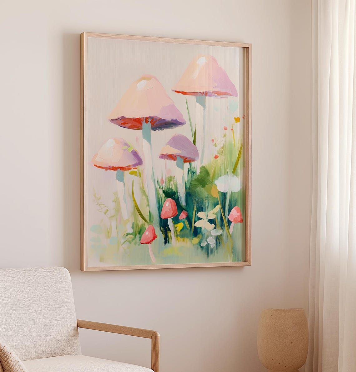 Tall Pastel Mushrooms In Forest Grass Boho Nursery Art Poster - Image 2