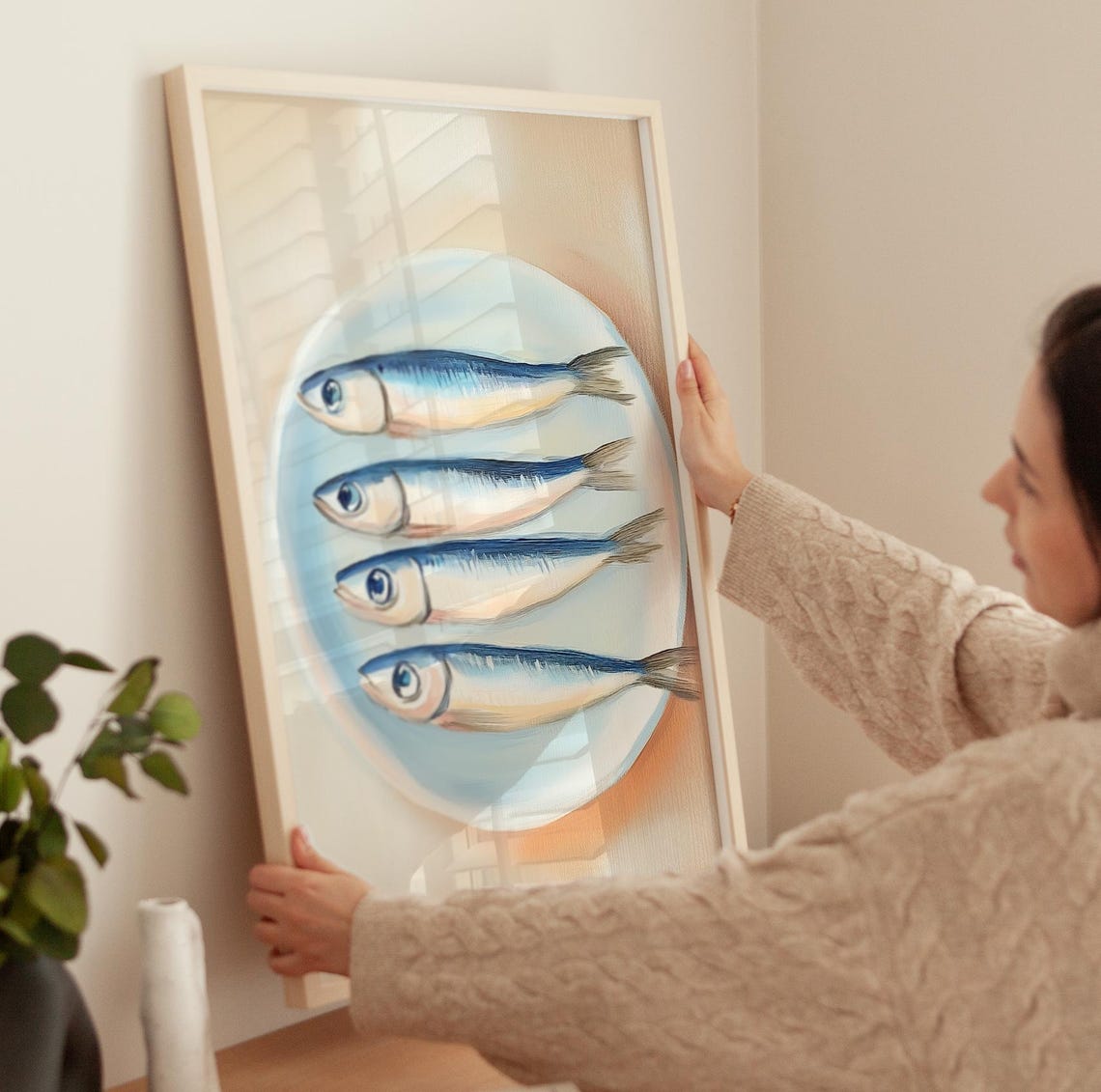 Four Sardines On Blue Plate Retro Seafood Kitchen Painting Poster - Image 3