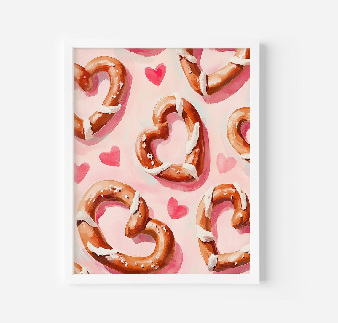 Heart Shaped Pretzels With Icing Pink Kitchen Wall Art Poster