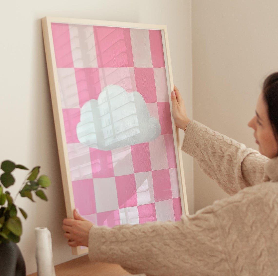 White Cloud On Pink Checkered Pattern Nursery Abstract Poster - Image 2