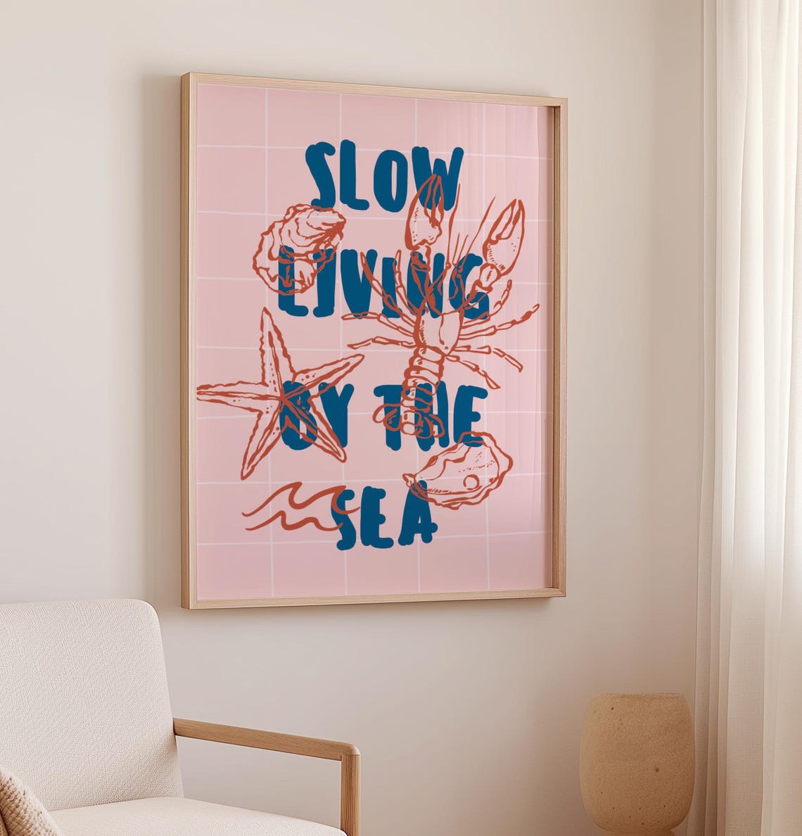 Slow Living By The Sea Pink Tile Lobster Shell Coastal Quote Poster - Image 3