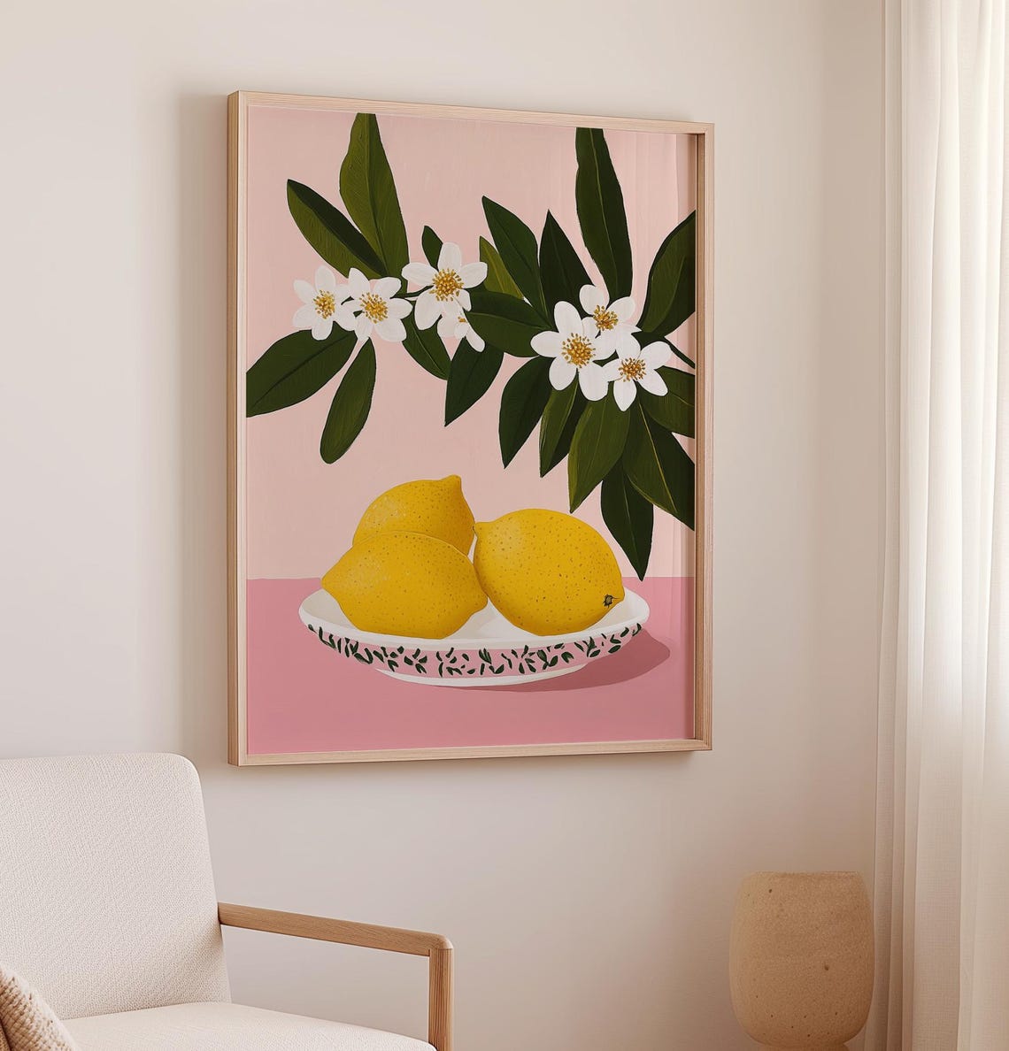 Lemons On Decorative Plate With Blossoms Pink Kitchen Art Poster - Image 2