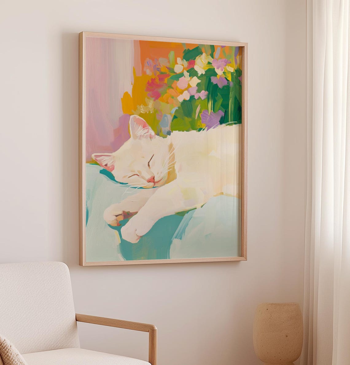 Sleeping White Kitten Pastel Floral Acrylic Cat Painting Poster - Image 2