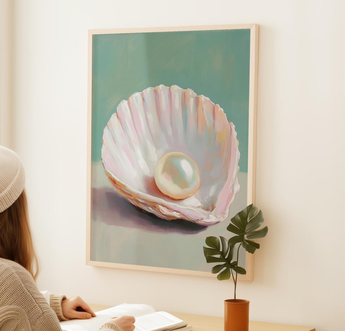 Elegant Pearl In Oyster Shell Coastal Still Life Wall Art Poster - Image 2