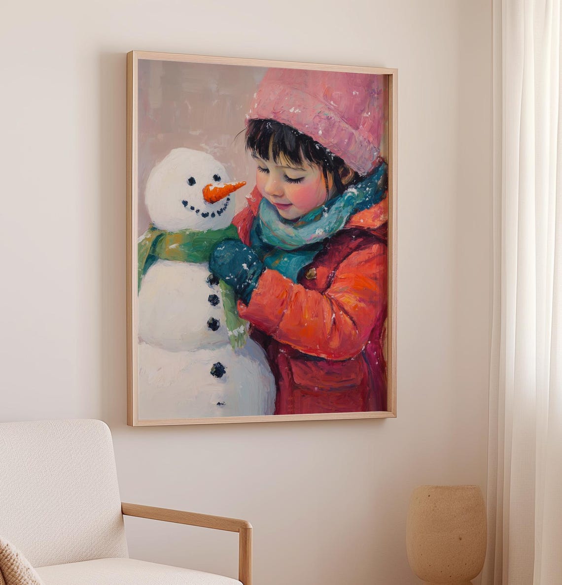 Girl And Snowman Print Trendy Christmas Art Print Girls Room Holiday Print Winter Wall Decor Snowman Print Nursery Art - Image 2