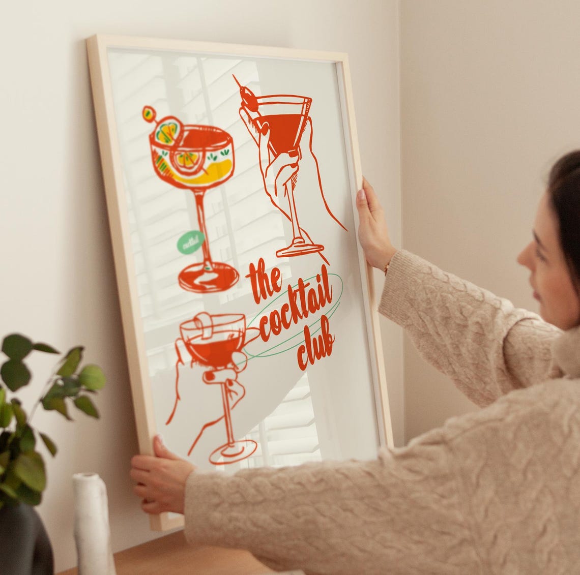 The Cocktail Club Red Martini Glasses Retro Bar Cart Drinks Art Poster - Image 4