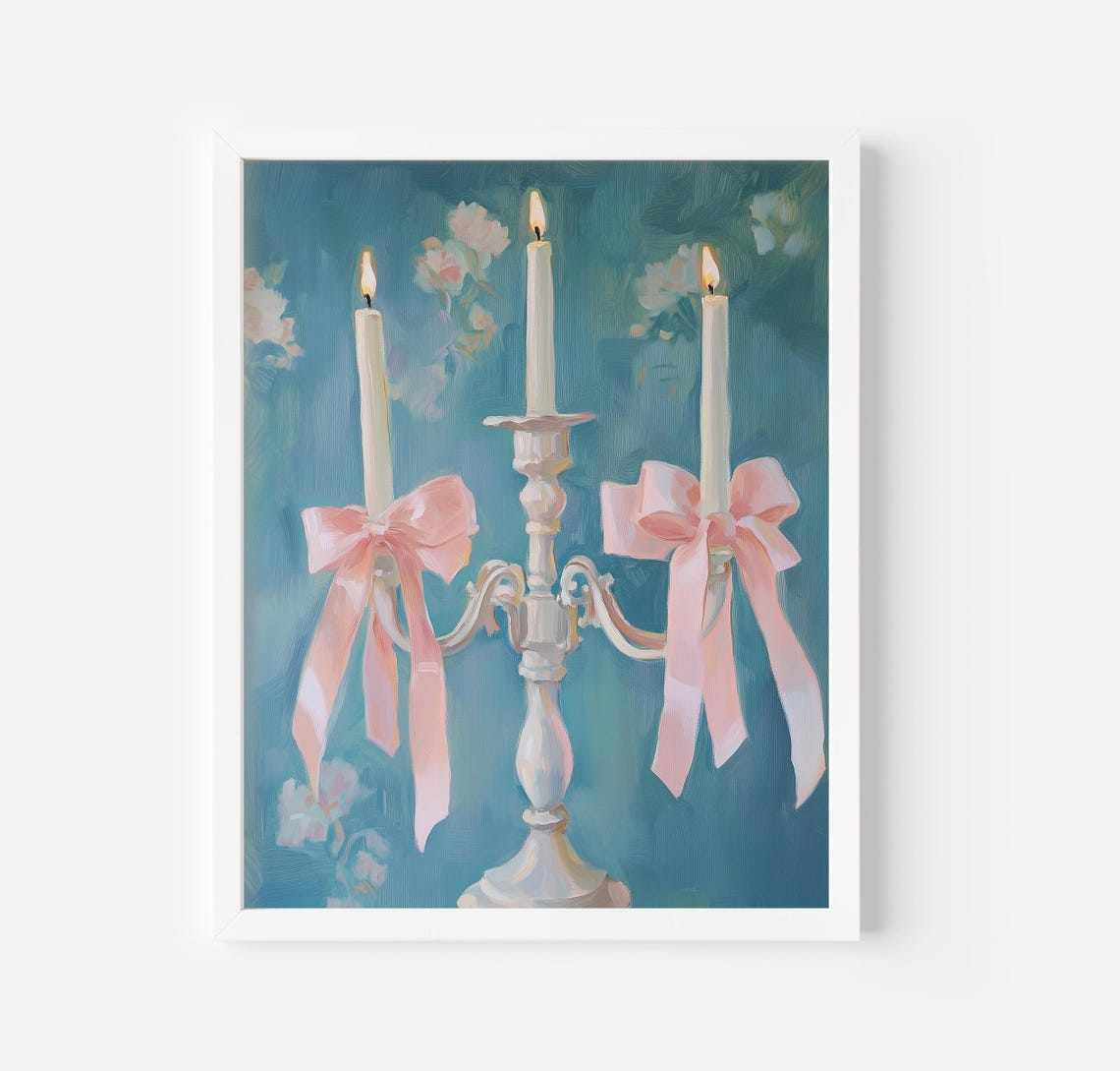 Lit Candelabra With Pink Bows On Teal Elegant Room Art Poster