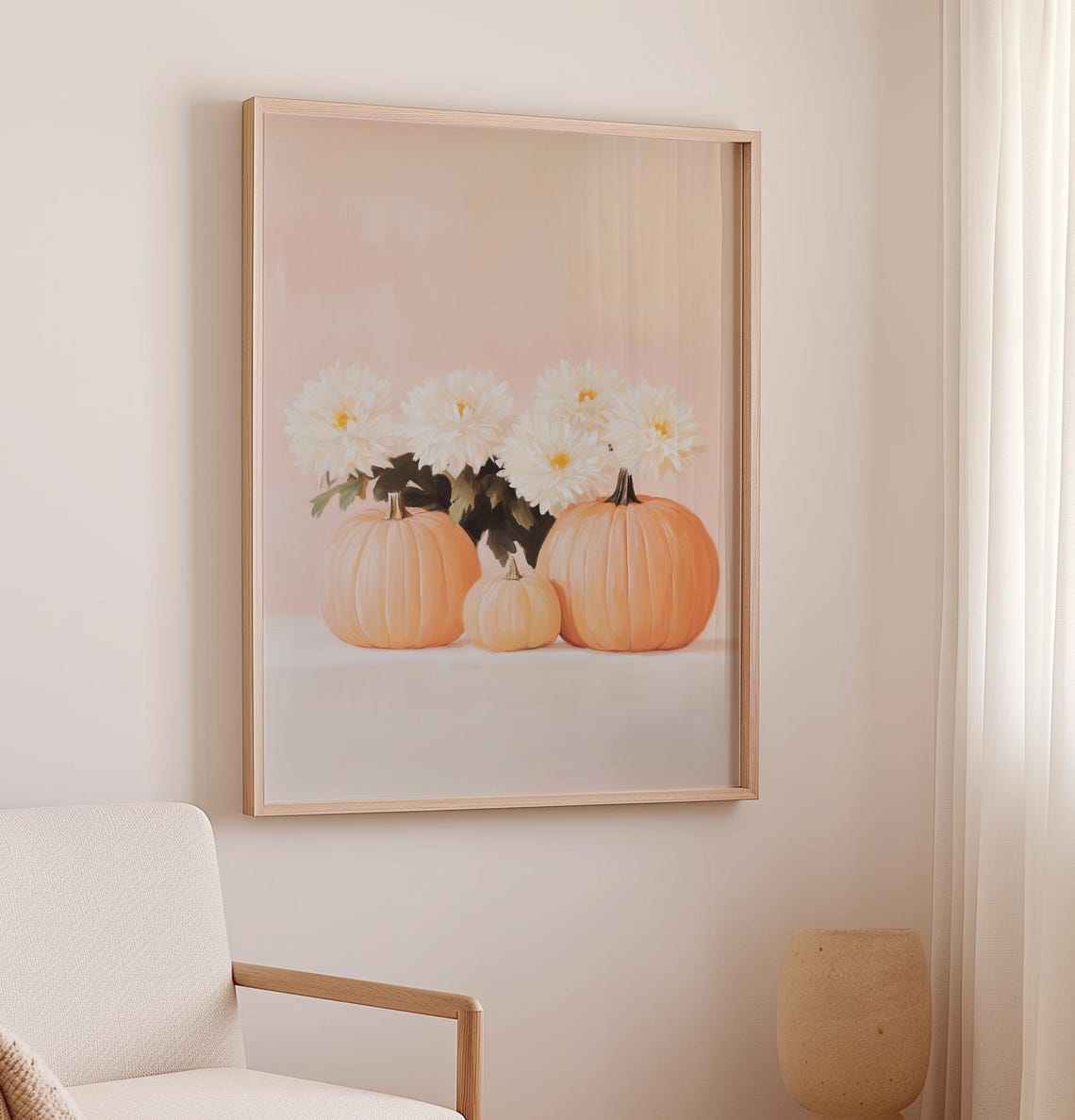 Blush Pumpkins With White Chrysanthemums Fall Still Life Poster - Image 2