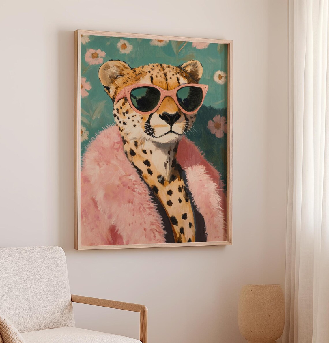 Glamorous Cheetah in Pink Sunglasses and Fur Coat Trendy Safari Art Poster - Image 3