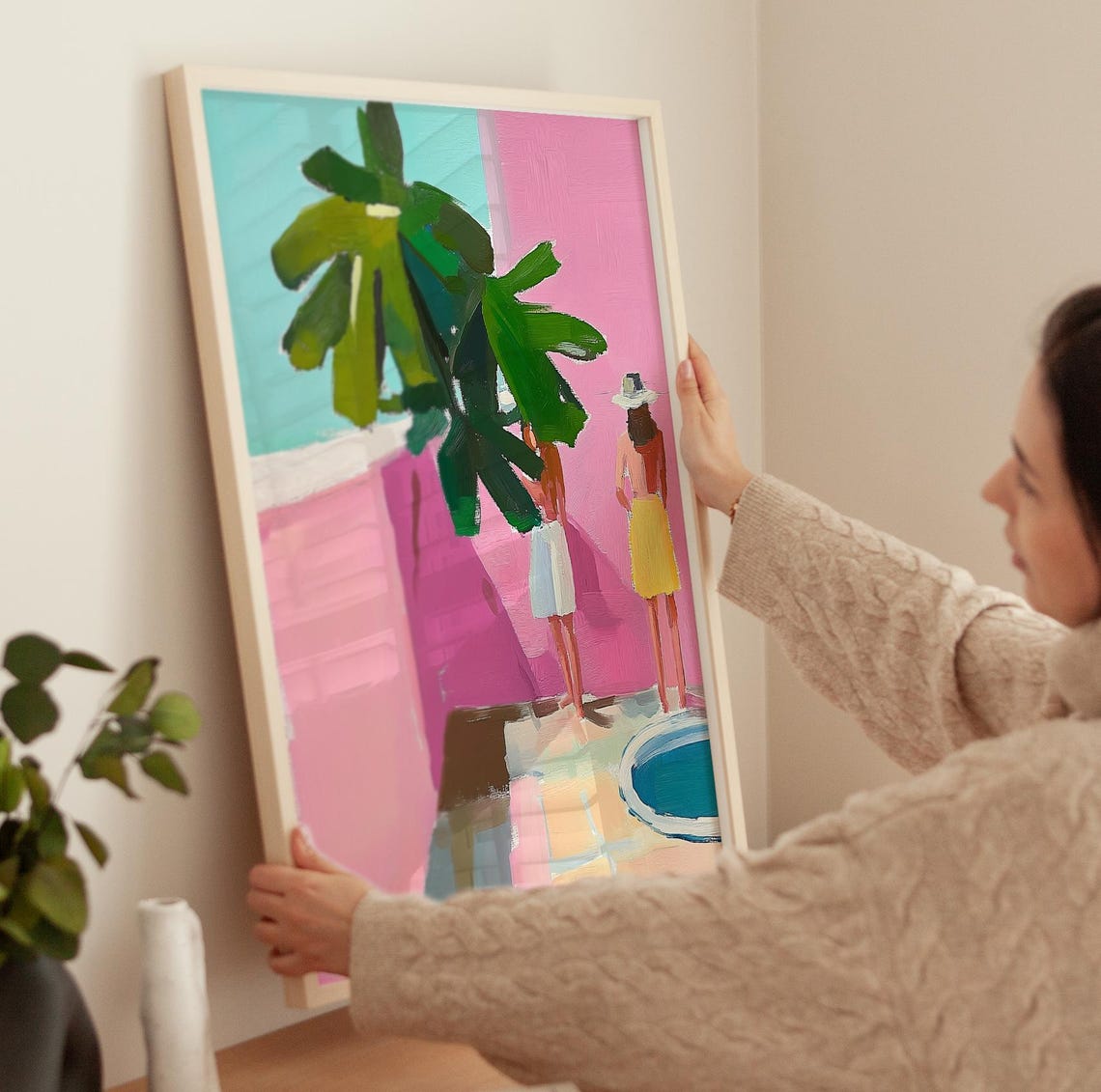 Two Girls By A Pink Pool With Palm Trees Summer Vacation Poster - Image 3