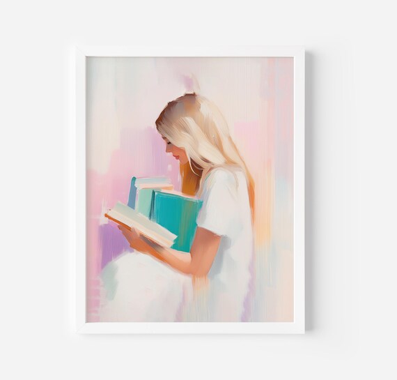 Blonde Girl Reading Books In Soft Pastel Portrait Art Poster