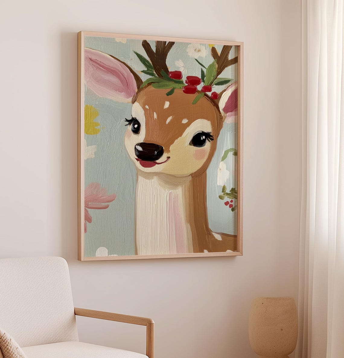 Smiling Reindeer With Berry Crown Floral Nursery Christmas Poster - Image 2