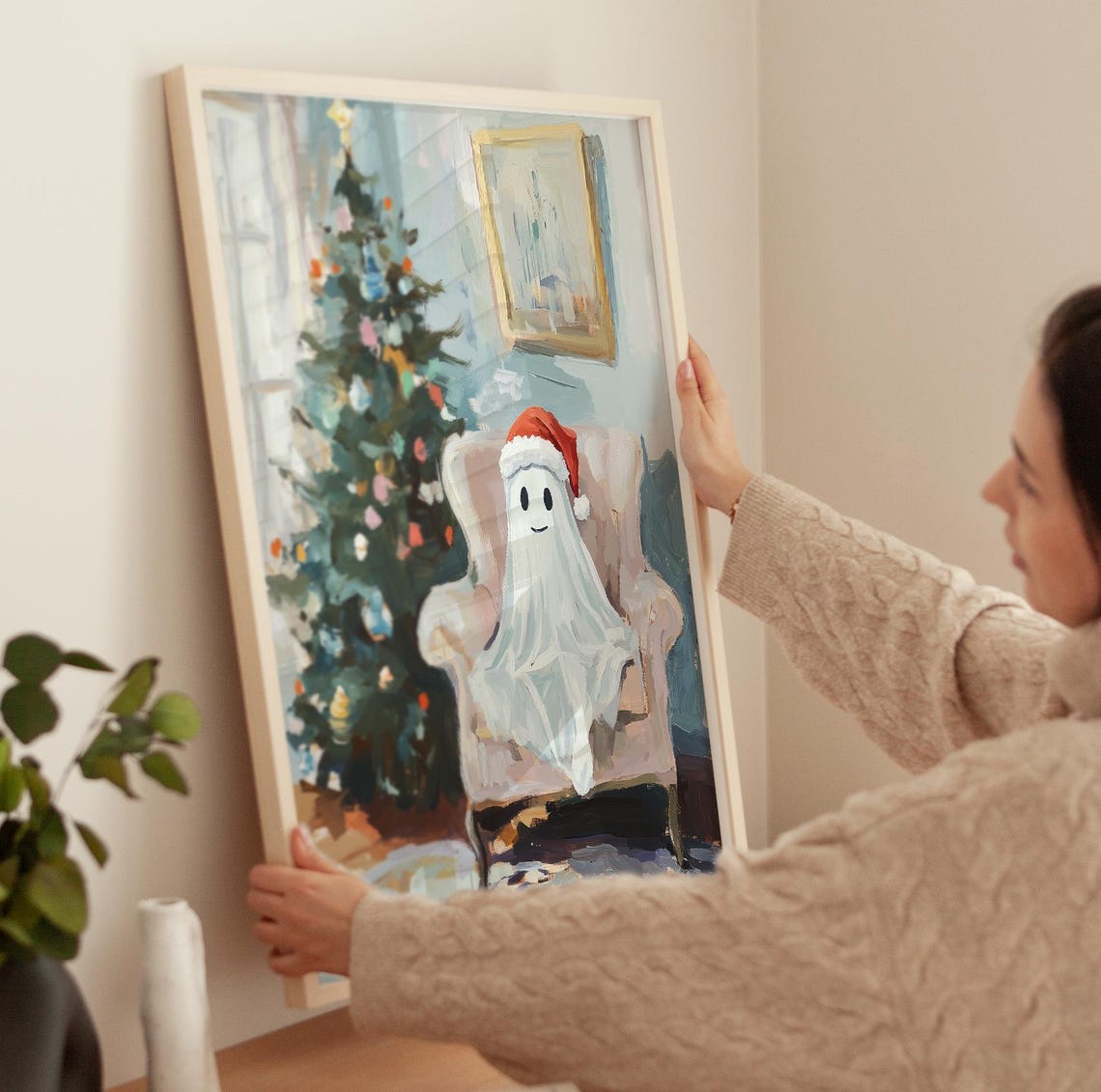 Cute Ghost Wearing Santa Hat by Christmas Tree Holiday Poster - Image 3