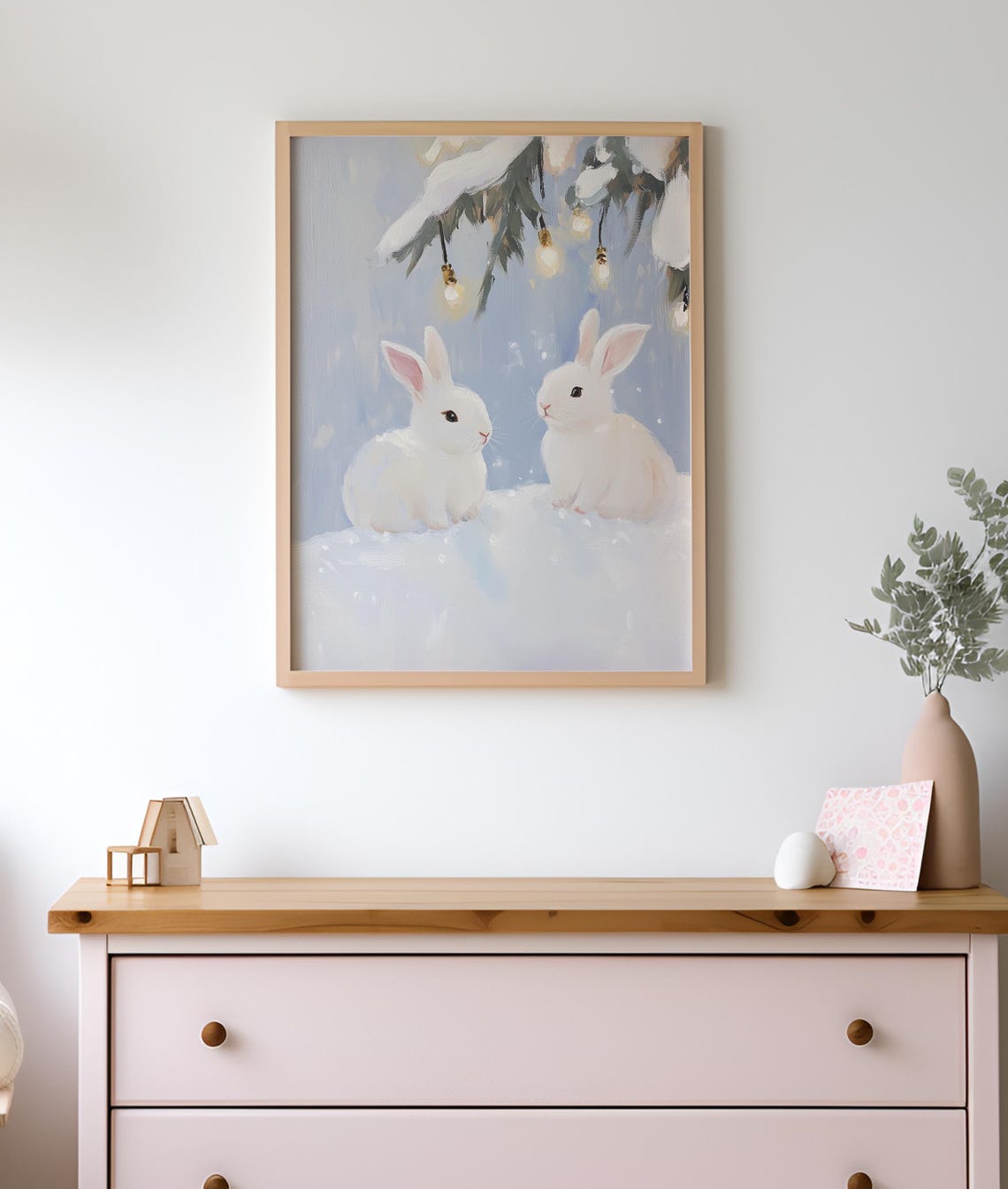 Two White Bunnies Under Snowy Branches With Fairy Lights Poster - Image 2
